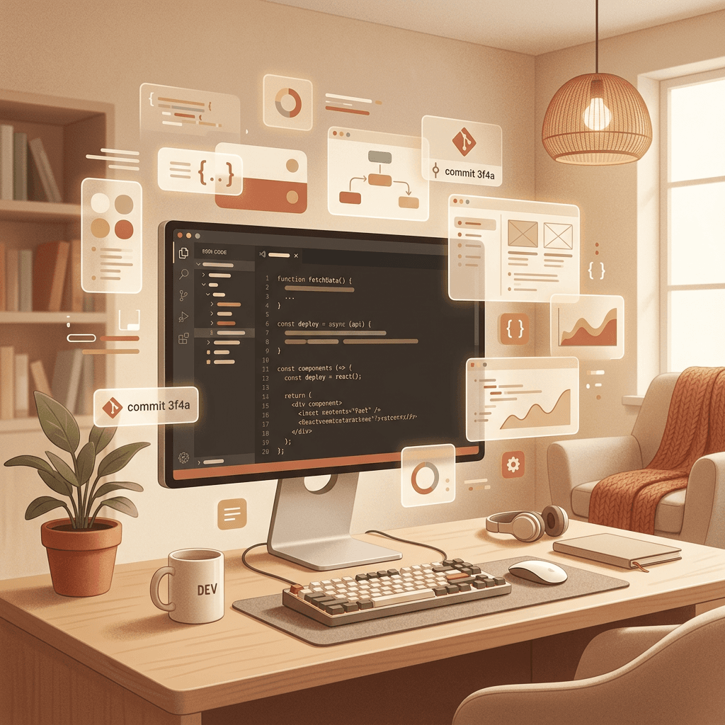 Developer workspace with code editor and UI components